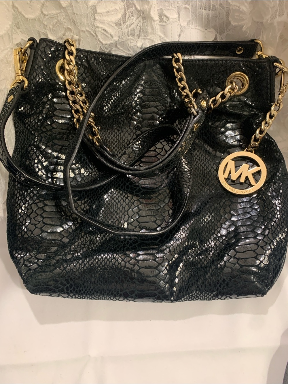 Michael Kors Black Patent Snake-Embossed Shoulder Bag with Gold Hardware